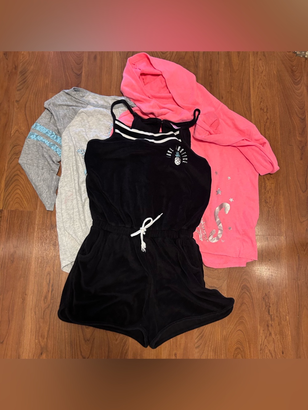 Justice girls Lot Romper Longsleeve top & Light Pink Sweater “Paris” size 18